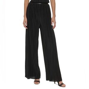 DKNY Pleated‎ High Rise Wide Leg Pants Black Faux Leather Waistband Size L